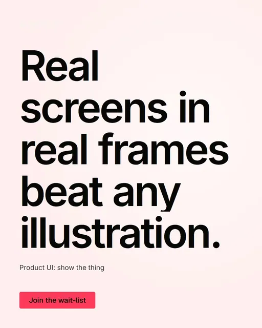 Video for design.live: "Real screens in real frames beat any illustration.". Doc motion loop, 8.0 s, light palette.