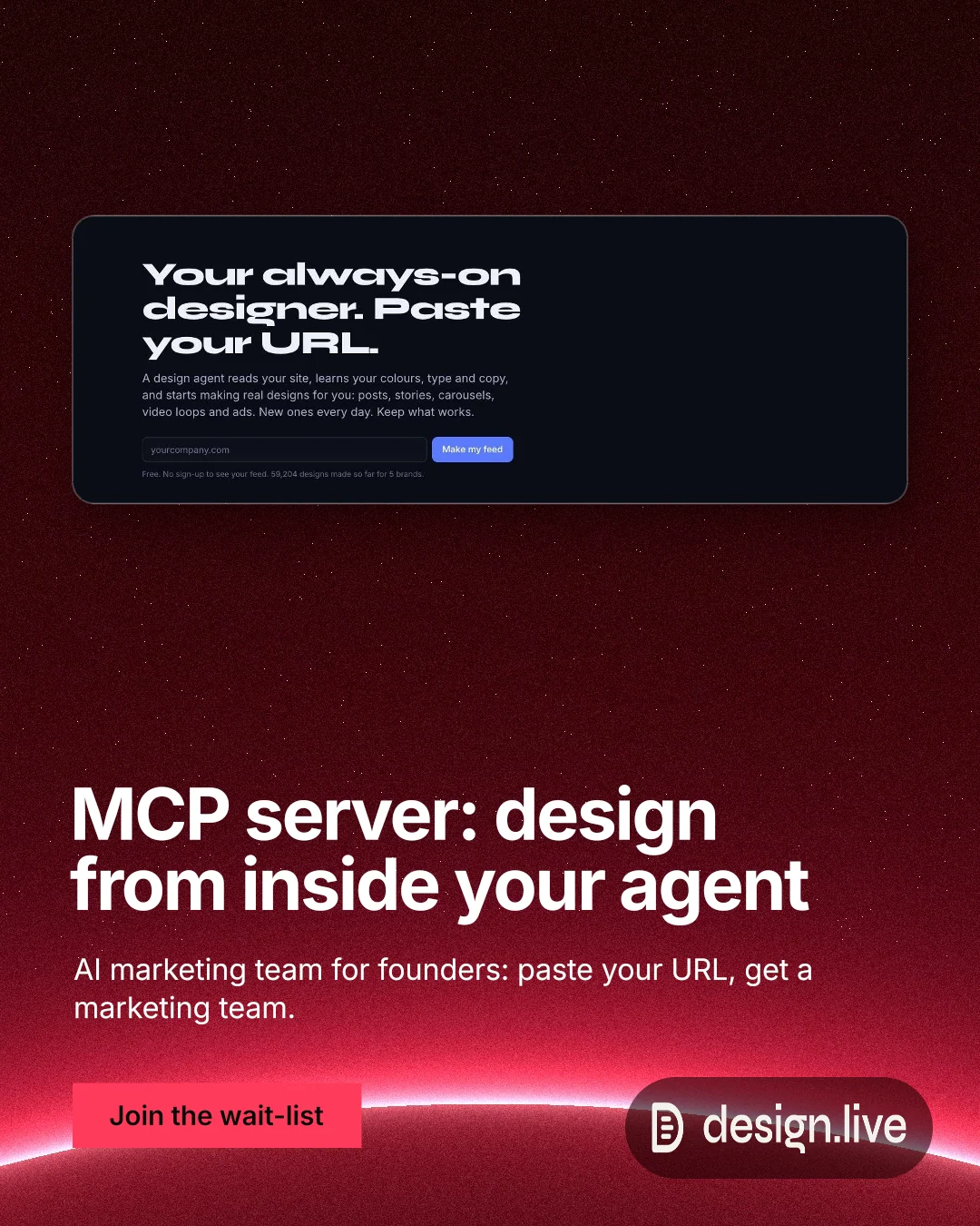 Instagram portrait post for design.live: "MCP server: design from inside your agent". Swiss style, bottom layout, dark palette in black, red.