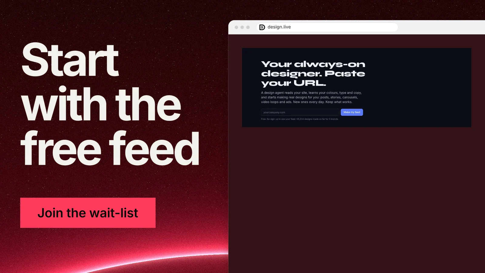 Landscape graphic for design.live: "Start with the free feed". Swiss style, browser layout, dark palette in red, black.