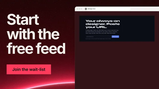 Landscape graphic for design.live: "Start with the free feed". Swiss style, browser layout, dark palette in red, black.