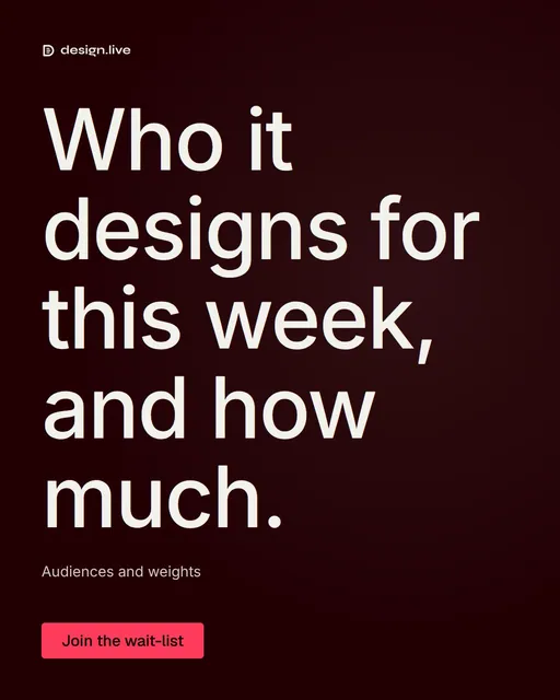 Video for design.live: "Who it designs for this week, and how much.". Doc motion loop, 6.0 s, dark palette.