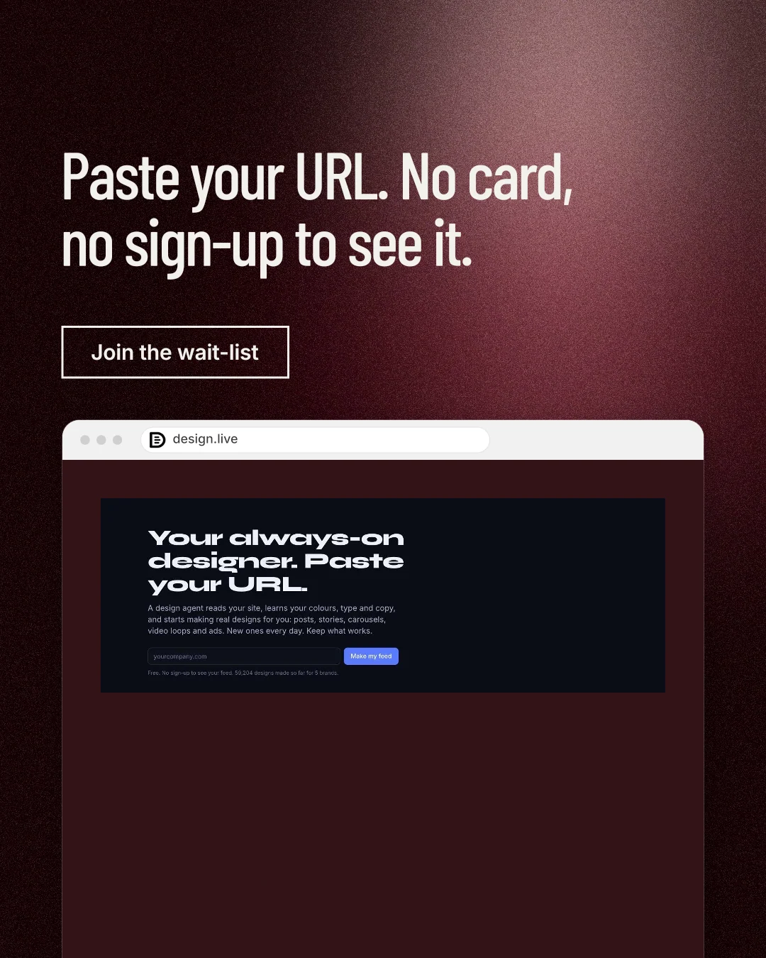 Instagram portrait post for design.live: "Paste your URL. No card, no sign-up to see it." Dark deco style, browser layout, dark palette in red, black, grey.
