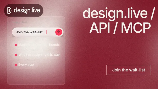 Landscape graphic for design.live: "design.live / API / MCP". Cyanotype style, right layout, light palette in red.