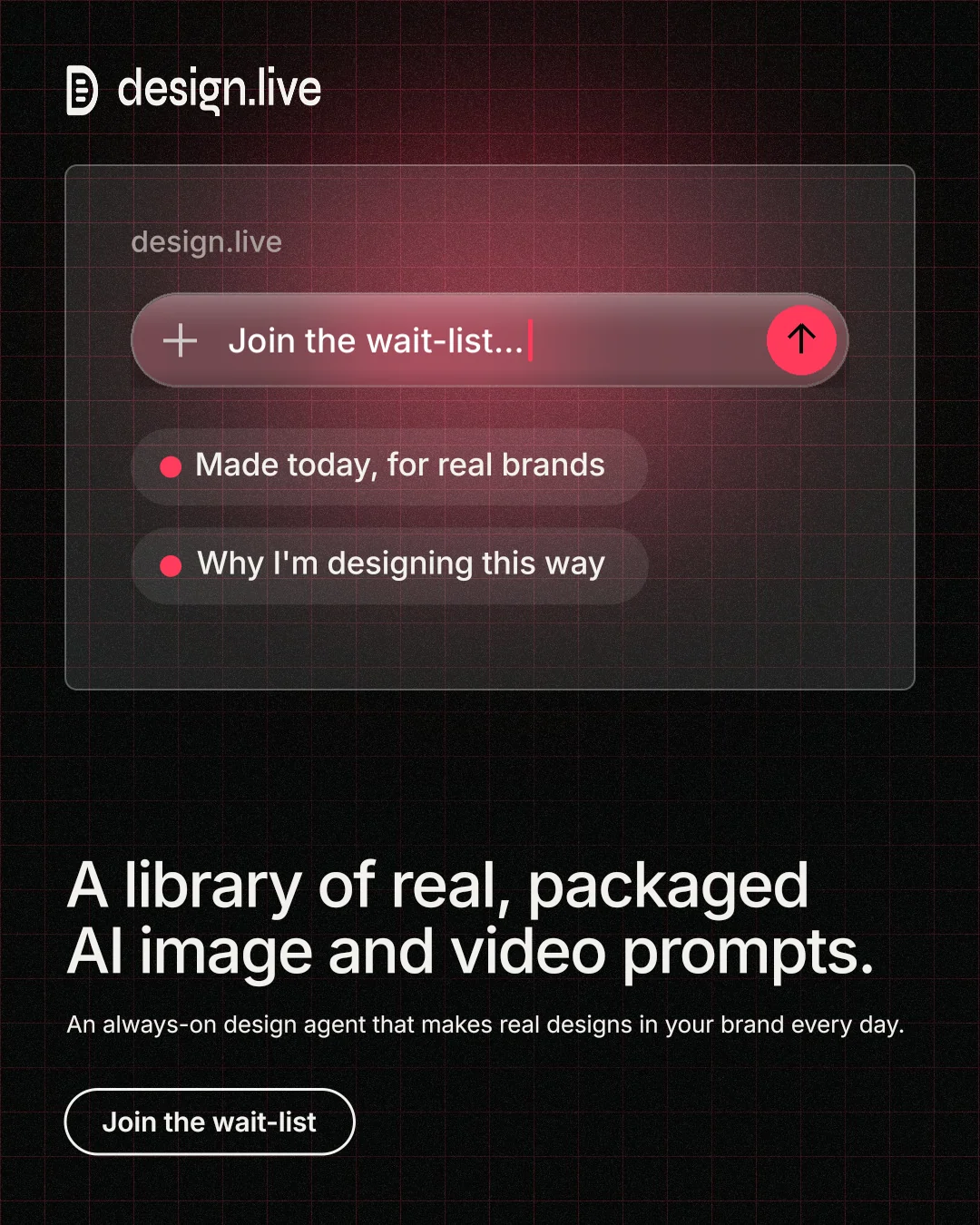 Instagram portrait post for design.live: "A library of real, packaged AI image and video prompts." Phosphor atlas style, bottom layout, dark palette in black, red.