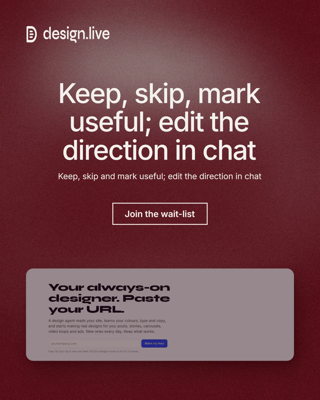 Instagram portrait post for design.live: "Keep, skip, mark useful; edit the direction in chat". Cyanotype style, centred layout, dark palette in red, grey.