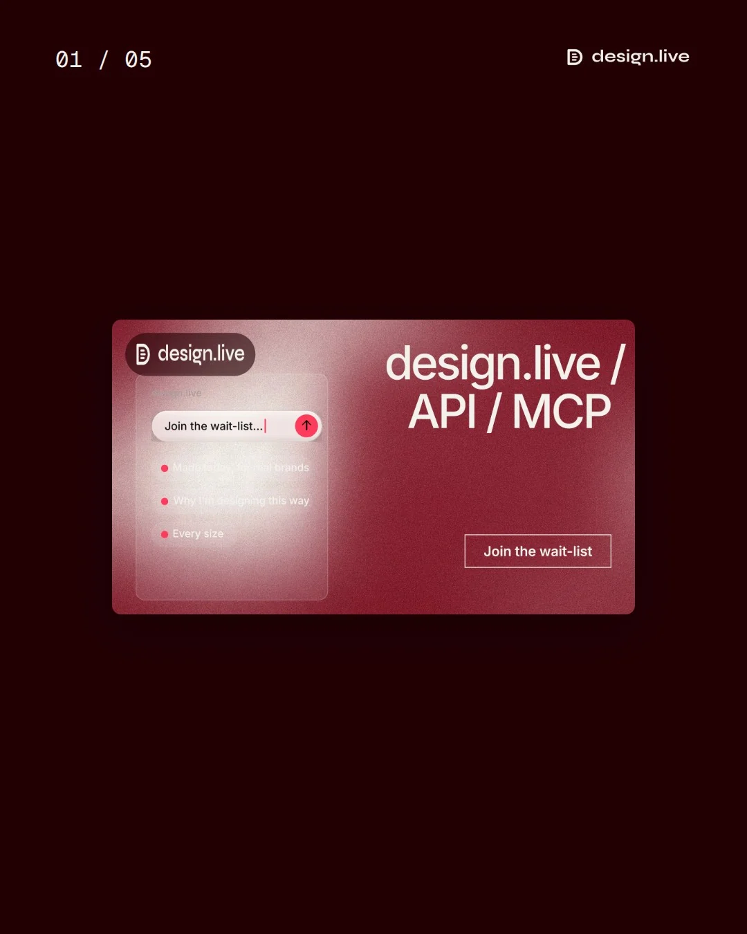 Video for design.live. Ad flipbook, 7.5 s, dark palette.