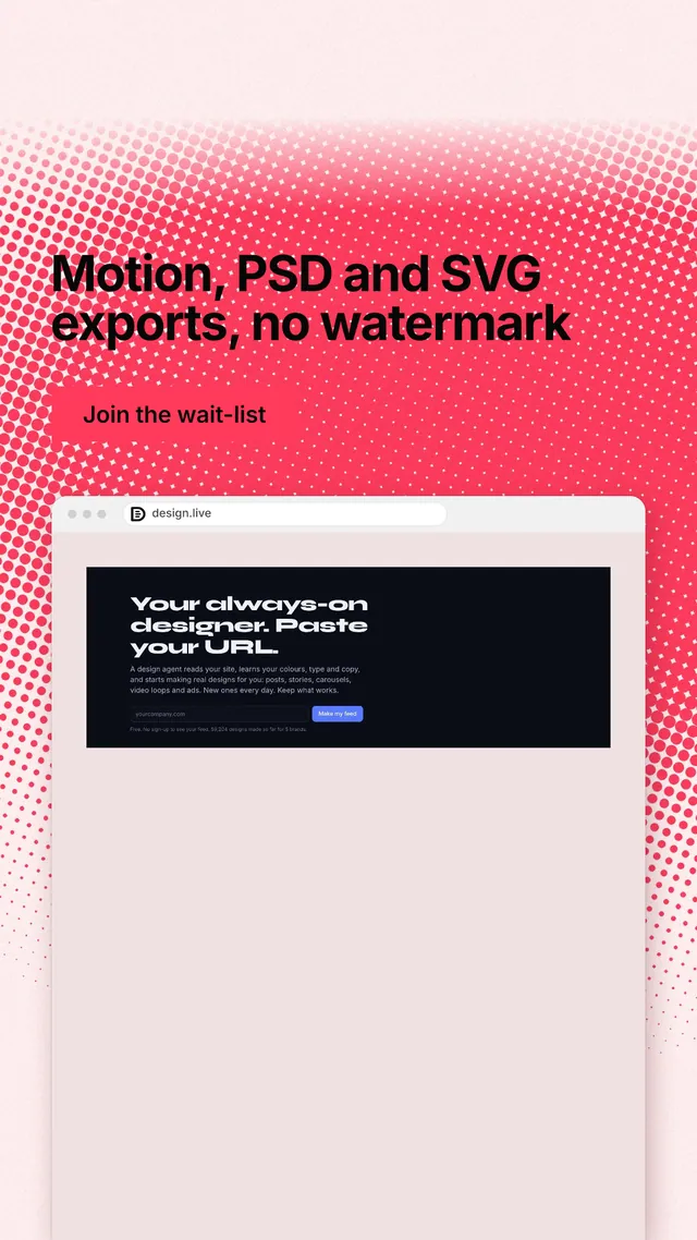 Instagram story for design.live: "Motion, PSD and SVG exports, no watermark". Swiss style, browser layout, light palette in red, white.