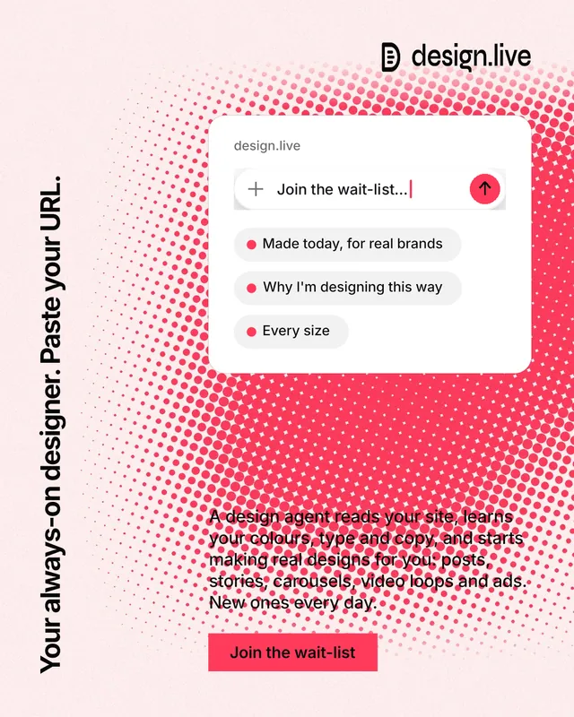 Instagram portrait post for design.live: "Your always-on designer. Paste your URL." Swiss style, vertical layout, light palette in white, red.