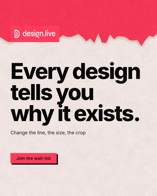 Instagram portrait post for design.live: "Every design tells you why it exists." Paper trio style, announce layout, light palette in orange, red, grey.