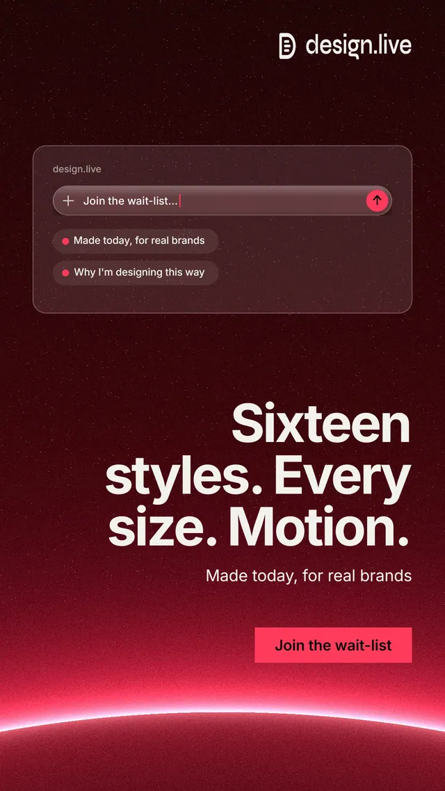 Instagram story for design.live: "Sixteen styles. Every size. Motion." Swiss style, right layout, dark palette in red, black.