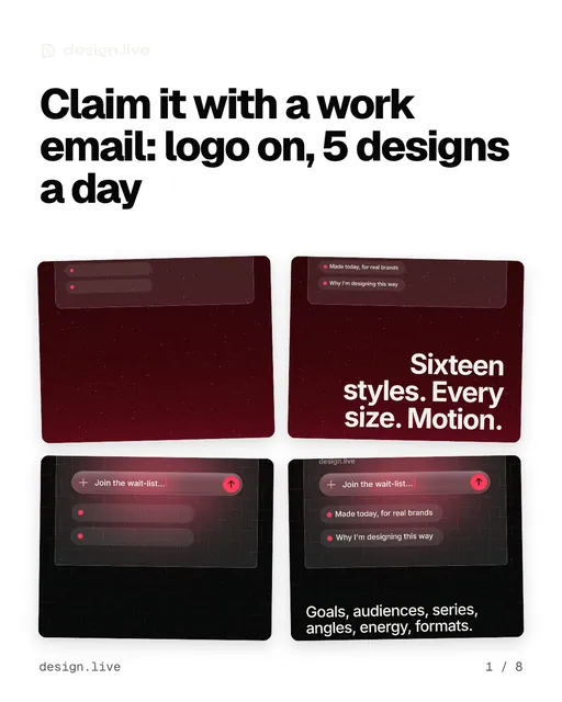 Carousel for design.live: "Claim it with a work email: logo on, 5 designs a day". Collection carousel, 8 slides, light palette.