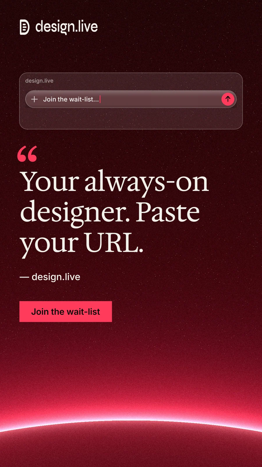 Instagram story for design.live: "Your always-on designer. Paste your URL." Swiss style, quote layout, dark palette in black, red.