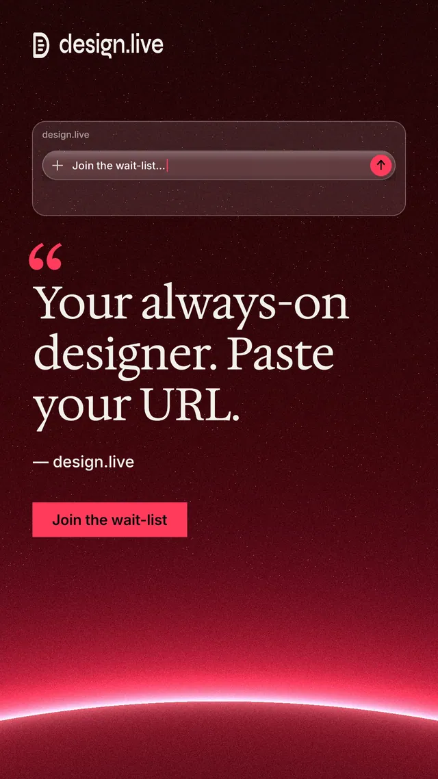 Instagram story for design.live: "Your always-on designer. Paste your URL." Swiss style, quote layout, dark palette in black, red.