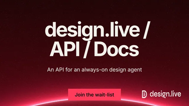 Landscape graphic for design.live: "design.live / API / Docs". Swiss style, centred layout, dark palette in black, red.