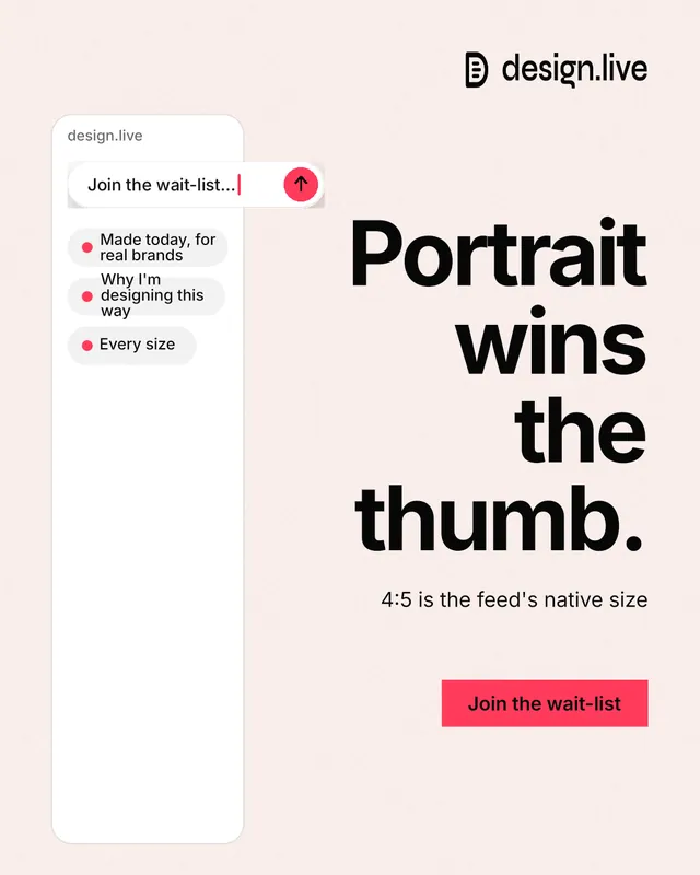 Instagram portrait post for design.live: "Portrait wins the thumb." Swiss style, right layout, light palette in white, grey.