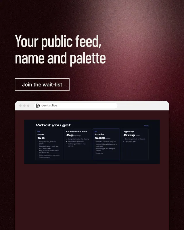 Instagram portrait post for design.live: "Your public feed, name and palette". Dark deco style, browser layout, dark palette in red, black, grey.