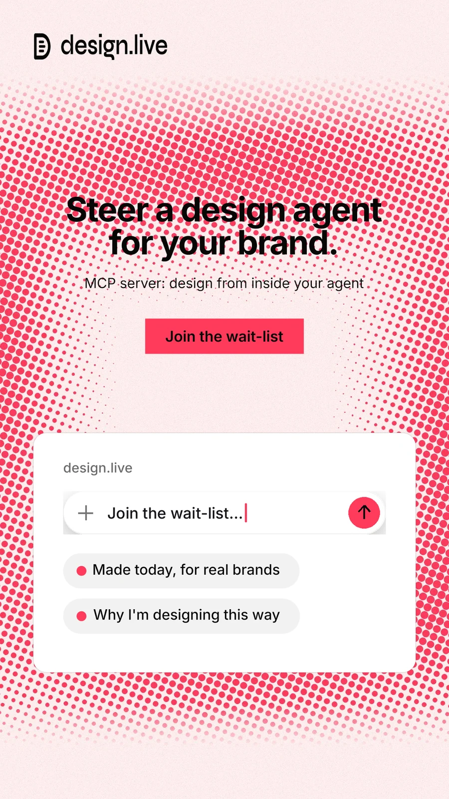 Instagram story for design.live: "Steer a design agent for your brand." Swiss style, centred layout, light palette in red, white.