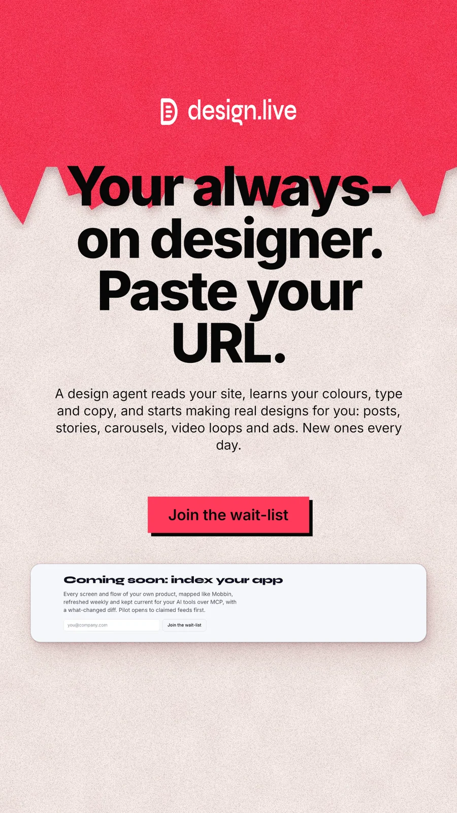 Instagram story for design.live: "Your always-on designer. Paste your URL." Paper trio style, centred layout, light palette in orange, red, white.