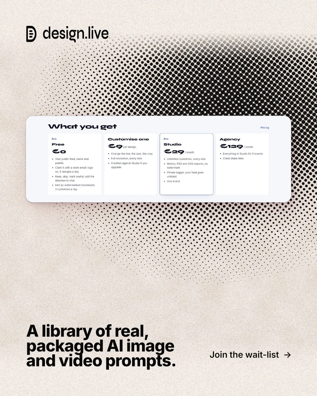 Instagram portrait post for design.live: "A library of real, packaged AI image and video prompts." Ink sticker style, image led layout, light palette in orange, white, grey.