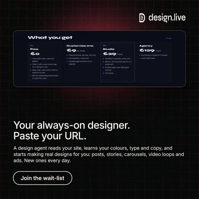 Instagram post for design.live: "Your always-on designer. Paste your URL." Phosphor atlas style, bottom layout, dark palette in black.