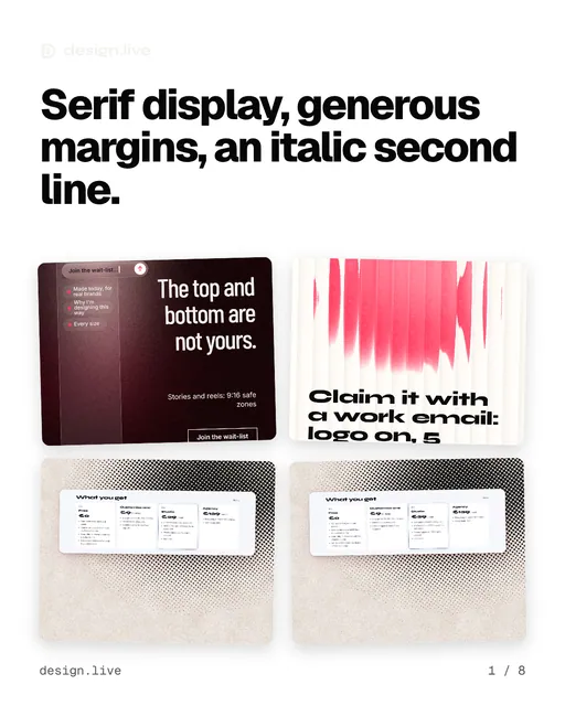 Carousel for design.live: "Serif display, generous margins, an italic second line.". Collection carousel, 8 slides, light palette.