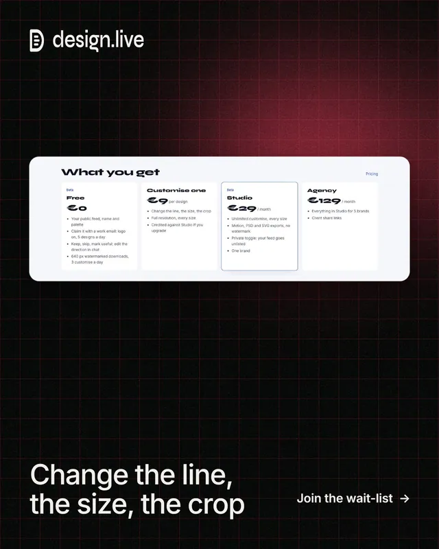 Instagram portrait post for design.live: "Change the line, the size, the crop". Phosphor atlas style, image led layout, dark palette in black, white.