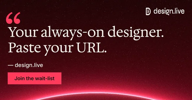 Social ad for design.live: "Your always-on designer. Paste your URL." Swiss style, quote layout, dark palette in black, red.