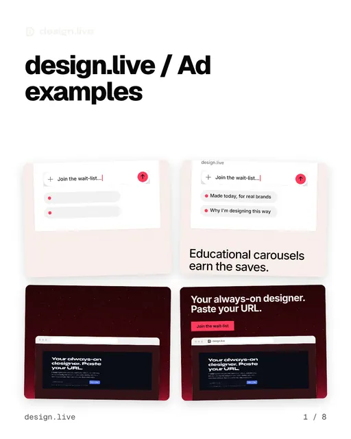 Carousel for design.live: "design.live / Ad examples". Collection carousel, 8 slides, light palette.