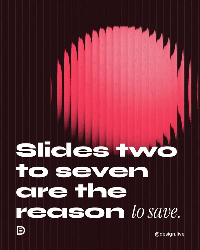 Instagram portrait post for design.live: "Slides two to seven are the reason to save." Auto 4x5 style, technique:shader field layout, dark palette in black, red.