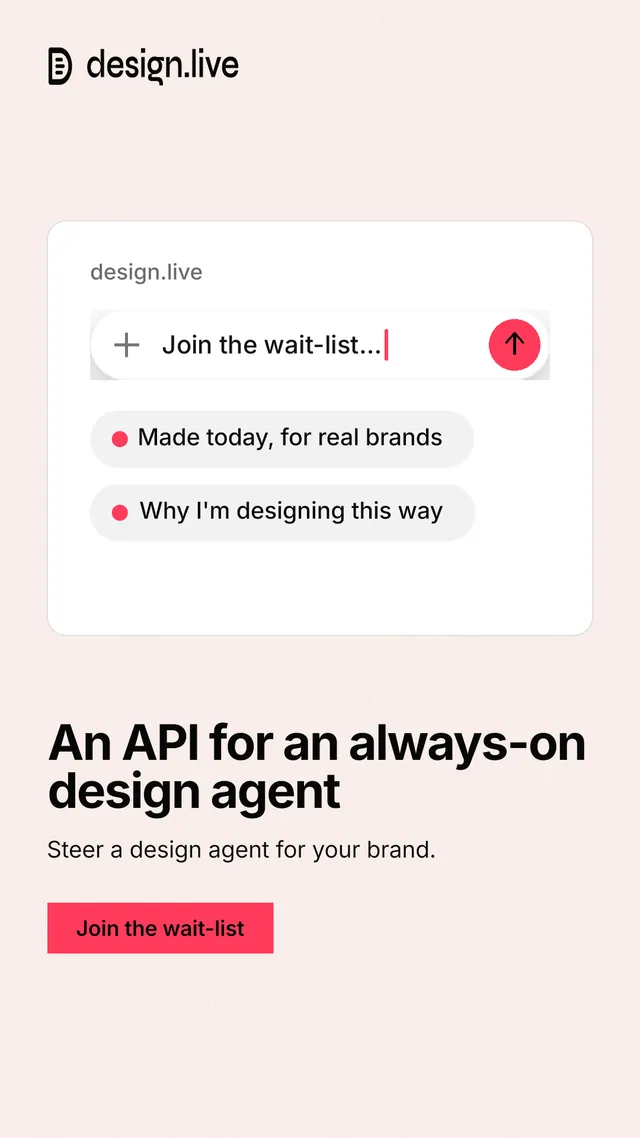 Instagram story for design.live: "An API for an always-on design agent". Swiss style, bottom layout, light palette in white, red.