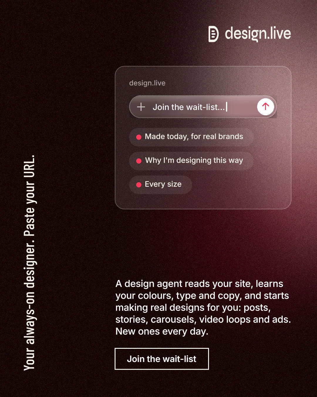 Instagram portrait post for design.live: "Your always-on designer. Paste your URL." Dark deco style, vertical layout, dark palette in black, grey, red.