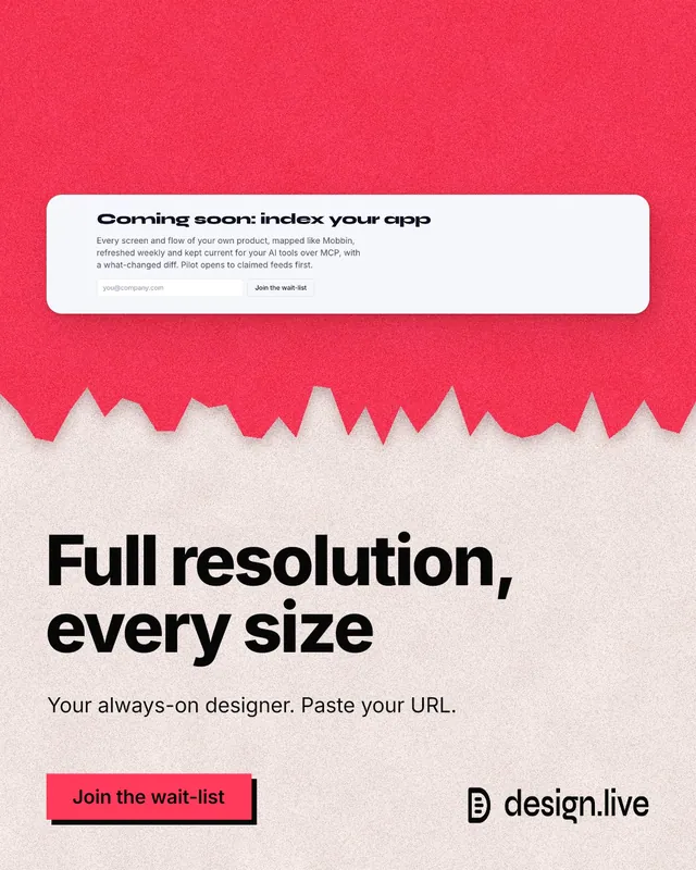 Instagram portrait post for design.live: "Full resolution, every size". Paper trio style, bottom layout, light palette in red, white.