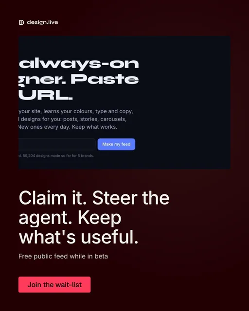 Video for design.live: "Claim it. Steer the agent. Keep what's useful.". Doc motion loop, 8.0 s, dark palette.