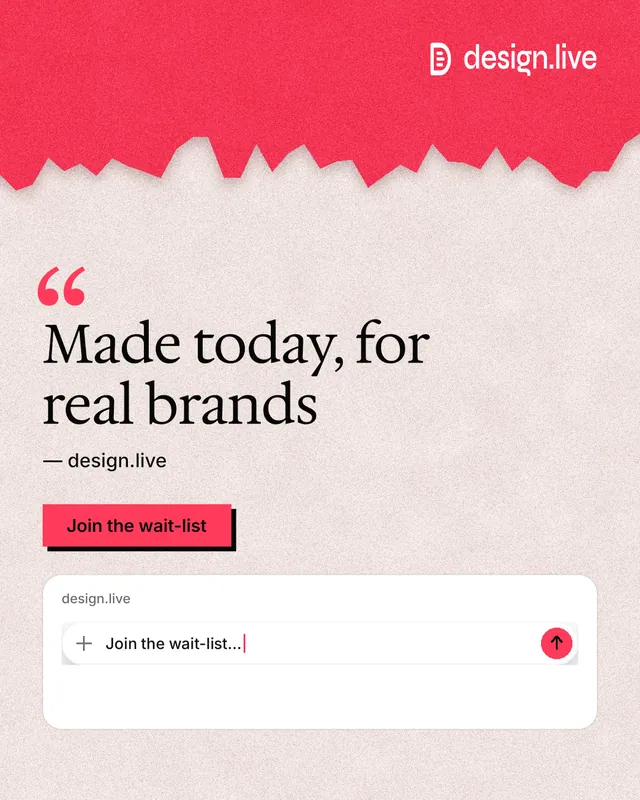 Instagram portrait post for design.live: "Made today, for real brands". Paper trio style, quote layout, light palette in orange, red, white.
