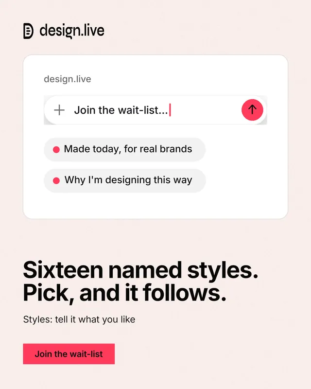Instagram portrait post for design.live: "Sixteen named styles. Pick, and it follows." Swiss style, bottom layout, light palette in white, red.