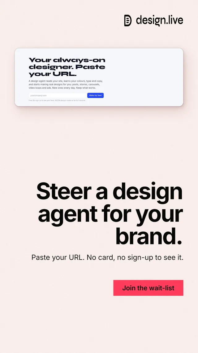 Instagram story for design.live: "Steer a design agent for your brand." Swiss style, right layout, light palette in white.