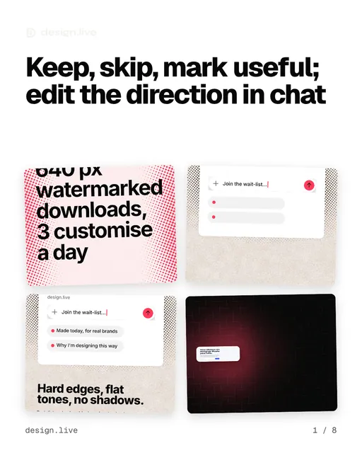 Carousel for design.live: "Keep, skip, mark useful; edit the direction in chat". Collection carousel, 8 slides, light palette.