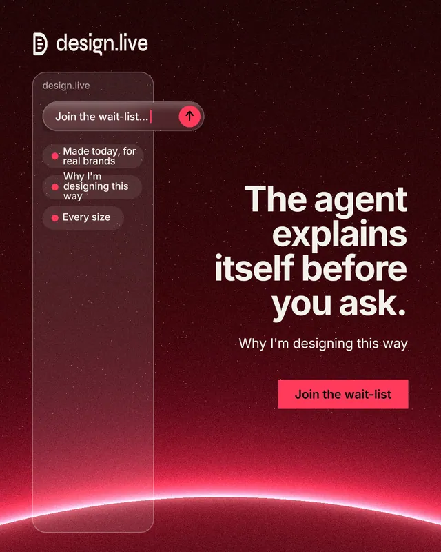 Instagram portrait post for design.live: "The agent explains itself before you ask." Swiss style, right layout, dark palette in black, red.