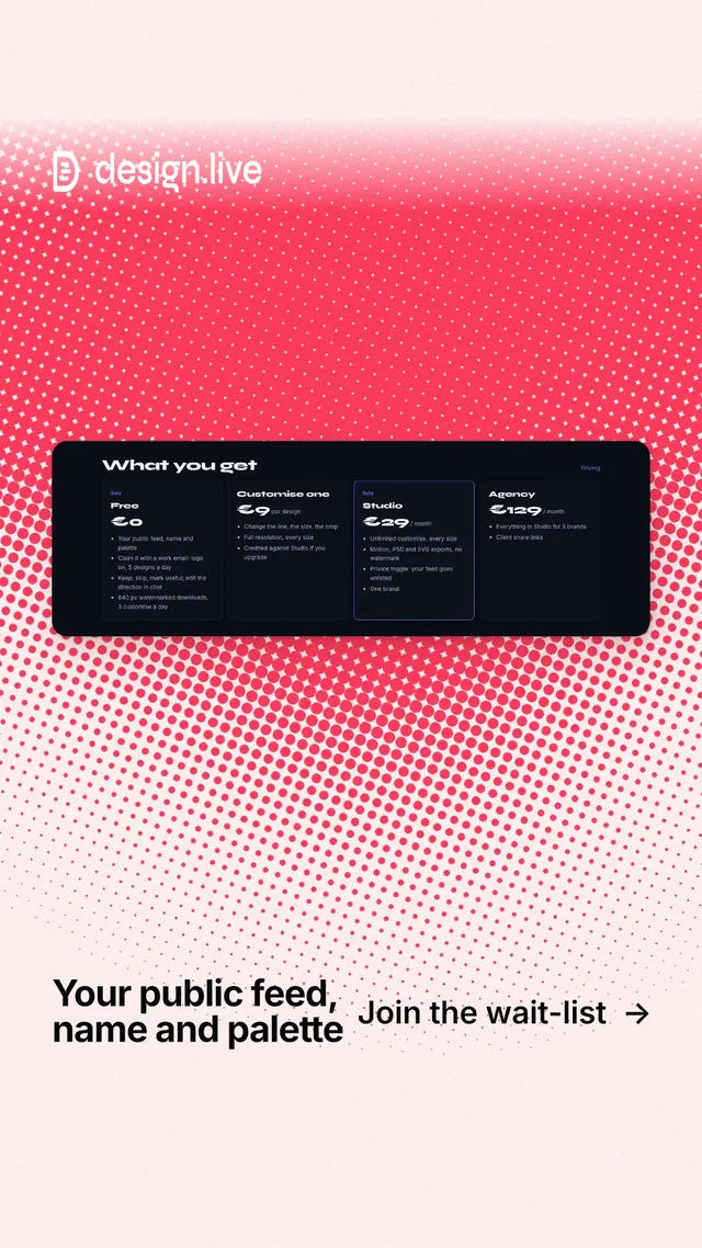 Instagram story for design.live: "Your public feed, name and palette". Swiss style, image led layout, light palette in red, white.