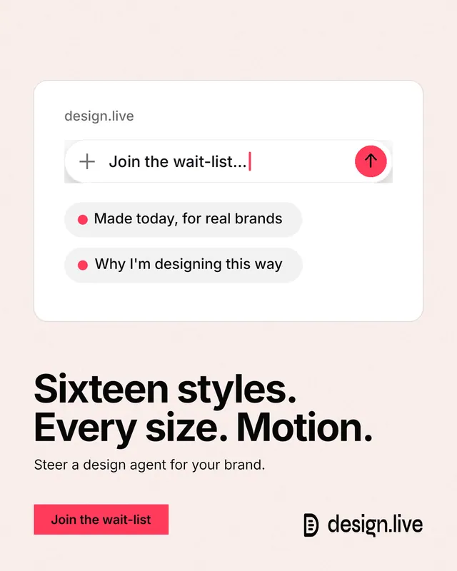 Instagram portrait post for design.live: "Sixteen styles. Every size. Motion." Swiss style, bottom layout, light palette in white, red.