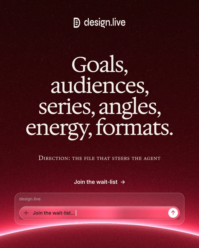 Instagram portrait post for design.live: "Goals, audiences, series, angles, energy, formats." Swiss style, smallcaps layout, dark palette in black, red.