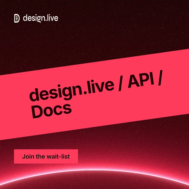 Instagram post for design.live: "design.live / API / Docs". Swiss style, diagonal layout, dark palette in red, black.