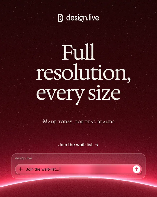 Instagram portrait post for design.live: "Full resolution, every size". Swiss style, smallcaps layout, dark palette in black, red.