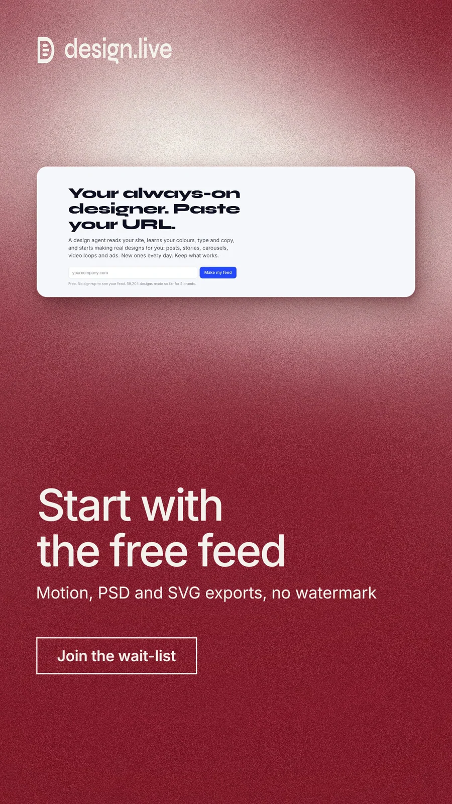 Instagram story for design.live: "Start with the free feed". Cyanotype style, bottom layout, dark palette in red, white.