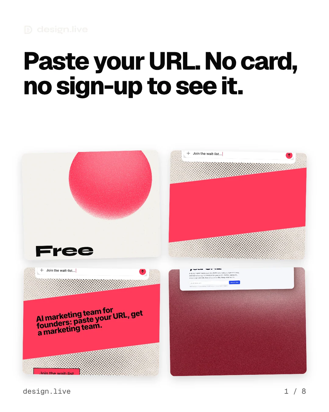 Carousel for design.live: "Paste your URL. No card, no sign-up to see it.". Collection carousel, 8 slides, light palette.