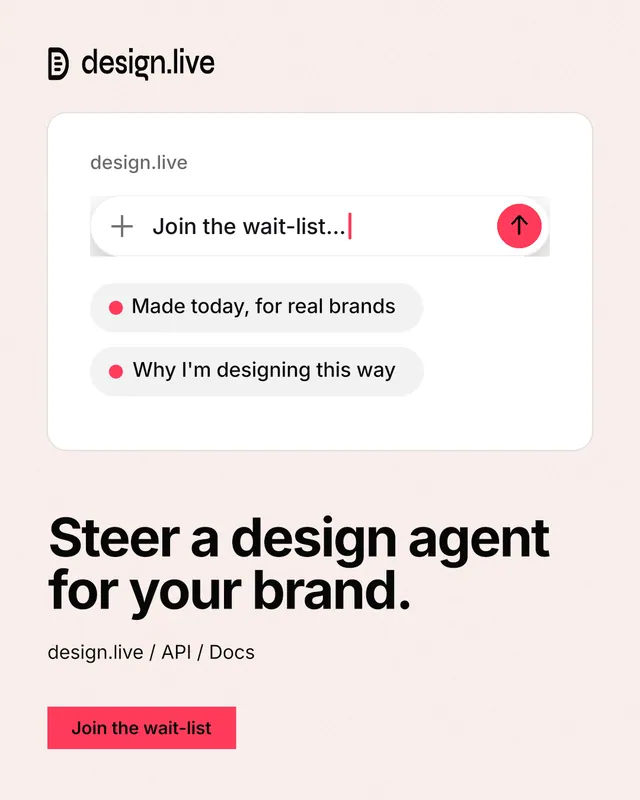Instagram portrait post for design.live: "Steer a design agent for your brand." Swiss style, bottom layout, light palette in white, red.