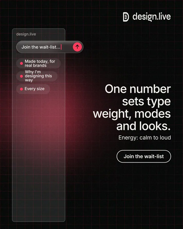 Instagram portrait post for design.live: "One number sets type weight, modes and looks." Phosphor atlas style, right layout, dark palette in red, black, grey.