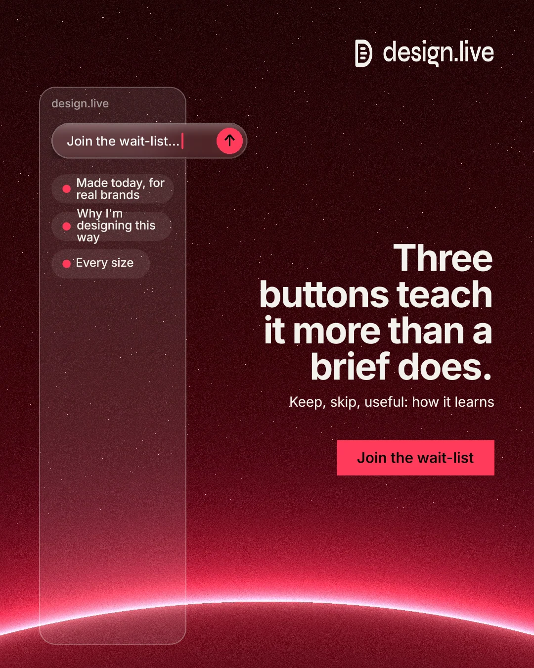 Instagram portrait post for design.live: "Three buttons teach it more than a brief does." Swiss style, right layout, dark palette in black, red.