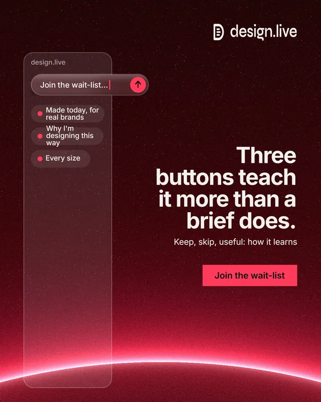 Instagram portrait post for design.live: "Three buttons teach it more than a brief does." Swiss style, right layout, dark palette in black, red.