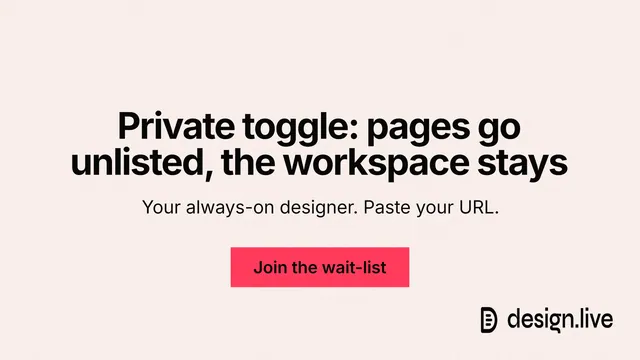 Landscape graphic for design.live: "Private toggle: pages go unlisted, the workspace stays". Swiss style, centred layout, light palette in white, red.
